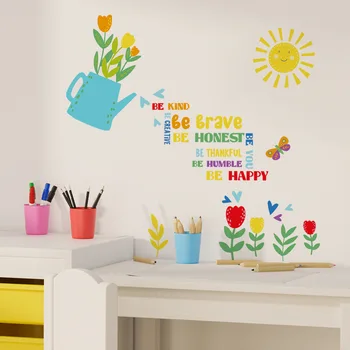 Наклейки на стены с зелеными растениями в горшках и солнцем с английским слоганом для украшения фоновых стен в комнате - Самоклеящиеся рисунки на стенах