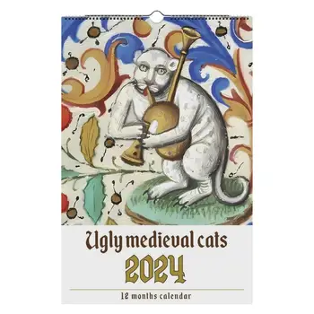 Забавный средневековый календарь с кошками, Подвесной ежемесячный настенный календарь с изображением уродливого кота, украшения для дома, Календари с кошками для жизни