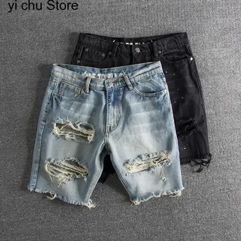Новые мужские модные джинсовые шорты в стиле хип-хоп с дырками, летняя уличная одежда, рваные джинсовые шорты Harajuku, повседневные короткие брюки, брюки