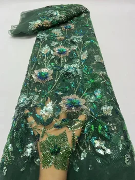 Зеленая Роскошная Африканская свадебная кружевная ткань из тяжелого бисера 2023 года, высококачественная Нигерийская ткань из французского тюля с пайетками для вечернего платья