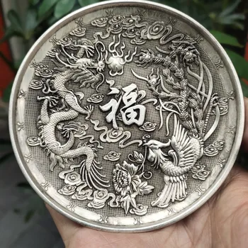 Коллекция Антикварной Бронзовой Посуды Античный Посеребренный Дракон Летающий Феникс Танцевальная Тарелка Dragon Phoenix Fu Character Plate Home C