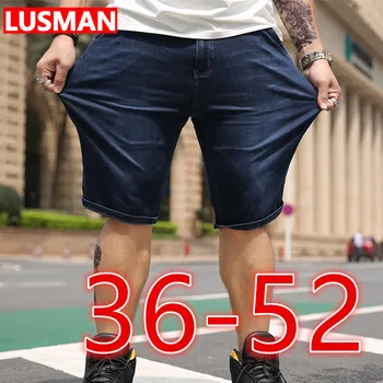 Джинсовые шорты для мужчин, большие размеры 36-52, мужские свободные повседневные короткие брюки большого размера, короткие темно-синие джинсовые брюки длиной до колен