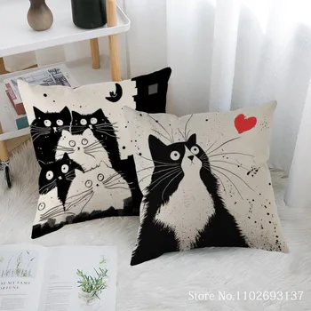 Наволочка с рисунком милого черно-белого кота Из хлопчатобумажной льняной ткани, квадратная наволочка на молнии, Свадебная декоративная наволочка