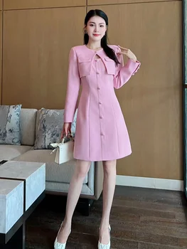 Модное женское осеннее платье с длинным рукавом Vestidos Para Mujer Feminino Элегантное простое однотонное розовое офисное вечернее платье Femme