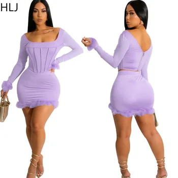 HLJ Fashion Hot Girl Облегающие мини-юбки с перьями, комплекты из двух предметов, Женский корсетный топ и юбка с длинным рукавом, наряд для ночного клуба
