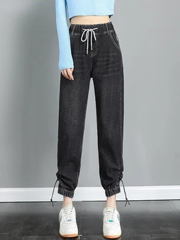 Уличная одежда, джинсы-шаровары для бега трусцой с высокой талией, женские повседневные тренировочные брюки из винтажной джинсовой ткани в корейском стиле, брюки Vaqueros длиной до щиколоток на завязках
