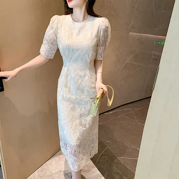 Летнее Белое Кружевное платье Миди с цветочным узором на крючках, женское Модное Шикарное Роскошное вечернее платье для вечеринки 2024, Весеннее Корейское Винтажное платье