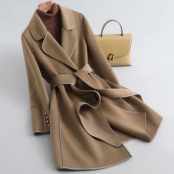 Осень-зима 2023, новое модное шерстяное пальто высокого класса, женский однотонный пояс средней длины, Темпераментные двусторонние шерстяные пальто
