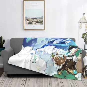 Одеяло Genshin Impact Venti Dvalin Фланелевое с аниме Принтом Портативные теплые Одеяла для кровати Дорожный коврик