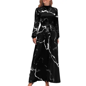Платье из искусственного черного мрамора с абстрактным принтом, эстетичные пляжные платья, женские винтажные платья Макси с длинным рукавом и высокой талией