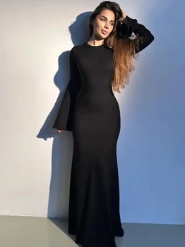Элегантные туники с длинным рукавом и высокой талией, офисные платья для женщин, осень-зима, приталенный крой с круглым вырезом, однотонное длинное Макси Черное вечернее платье
