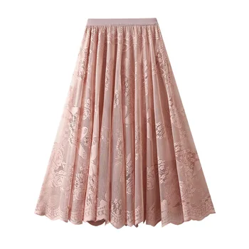 Кружевная высококачественная розовая юбка Женская 2023 г. Летние сетчатые юбки трапециевидной формы в стиле Mori с вышивкой Женские
