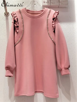 Милое розовое платье-толстовка с круглым воротом, женская осенняя мода 2023, расшитое бисером Деревянное ухо, Свободное прямое платье с длинным рукавом