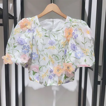 Весенне-летняя модная женская блузка с цветочной вышивкой в стиле тяжелой промышленности 2023 года, женская блузка с пышными рукавами и цветочным принтом