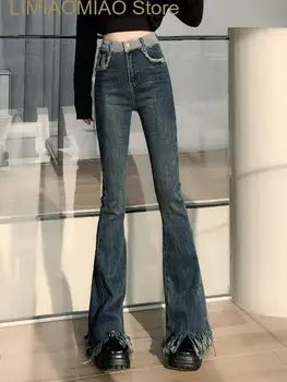 Новые зимние Синие винтажные джинсы, женские шикарные повседневные брюки-клеш с высокой талией, женские Корейские модные Дизайнерские джинсовые брюки с кисточками