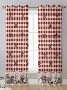 Кантри Стар Берри в ретро-красную клетку Прозрачные шторы для окна гостиной из вуали, тюля, занавесок Cortinas, штор для домашнего декора