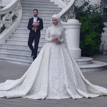 Изготовленное на заказ белое мусульманское свадебное платье с аппликацией с длинным рукавом и высоким воротом, длинное свадебное платье в стиле русалки