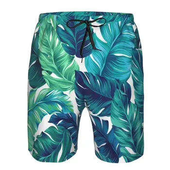 Мужские пляжные короткие шорты для плавания, зеленые и синие шорты для серфинга с банановыми листьями, спортивные шорты для серфинга, купальники