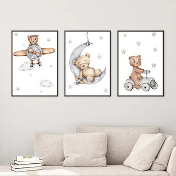 Медведь Луна Автомобиль Самолет Животное Холст Картина Детская Детский Плакат Художественная Печать Мультфильм Настенные Панно Nordic Kid Baby Bedroom Decor
