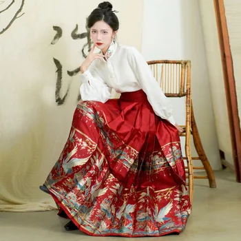 Оригинальная юбка с красной лошадиной мордой династии Мин В традиционном китайском стиле, женское платье Hanfu, Элегантная винтажная рубашка 2 шт./компл.