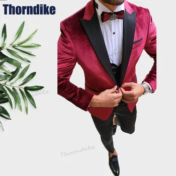 Мужской Бархатный костюм Thorndike из 3 предметов, Приталенный Блейзер на одной пуговице, Вечерние платья, Свадебный костюм для выпускного вечера (Куртка + Брюки + Жилет)