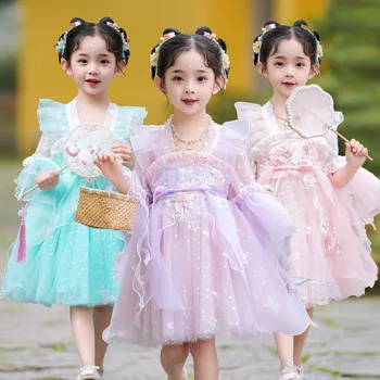 Розовое Милое платье Hanfu для маленьких девочек На День рождения, Элегантное платье-пачка принцессы на Крестины, Традиционная одежда для младенцев