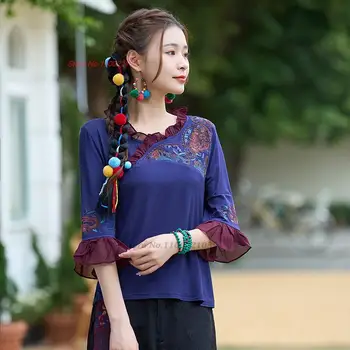 2024 китайская традиционная рубашка hanfu с круглым вырезом и цветочной вышивкой, элегантная восточная винтажная рубашка, костюм oriental tang, базовая рубашка в стиле ретро