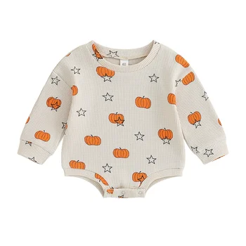 Детские комбинезоны на Хэллоуин для малышей 0-18 месяцев, Комбинезоны с круглым вырезом и длинными рукавами для новорожденных мальчиков и девочек, с рисунком тыквы в виде звезды