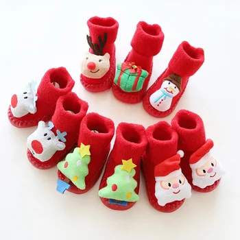 Осенне-зимние шерстяные утолщенные мультяшные детские туфли и носки, нескользящие красные рождественские носки для малышей