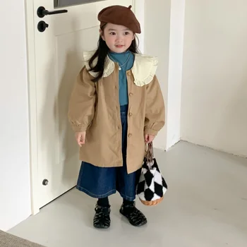 Куртка с кружевной кукольной шеей для девочек, весенне-осенний детский ветрозащитный кардиган, тонкие пальто, ветровка цвета хаки для детей от 2 до 8 лет
