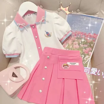 Костюм с коротким рукавом для девочек, лето 2023, новая детская корейская рубашка-поло, юбка, популярный летний модный костюм-двойка