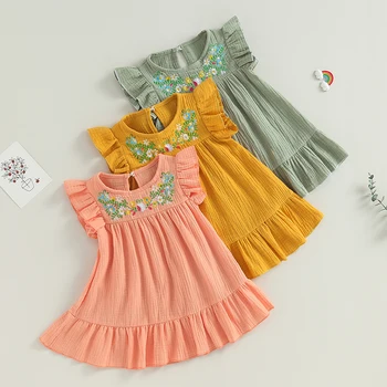 Хлопчатобумажное льняное платье для маленьких девочек, сарафан без рукавов с рюшами, расклешенное платье с цветочной вышивкой, летняя одежда для маленьких детей (розовый 1-2)