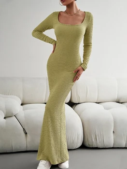 Длинные платья для женщин, осень 2023, Новое Трикотажное платье с квадратным вырезом и длинным рукавом, Белое Сексуальное платье, Элегантное женское платье, уличная одежда