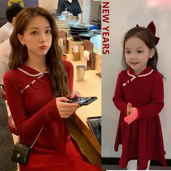 С Новым Годом 2023, Рождественские платья для мамы и девочки, осеннее платье-свитер для маленьких девочек, женская вязаная одежда в китайском стиле