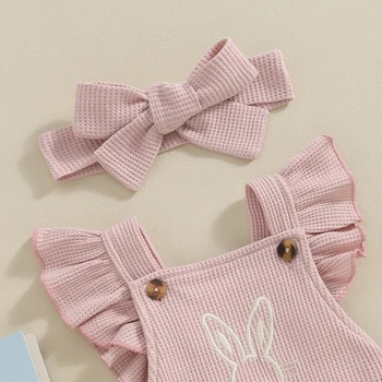 Пасхальный наряд для новорожденных девочек, комбинезон с вышивкой кролика и моркови, боди с вафельными рукавами, повязка на голову, одежда