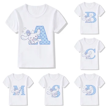 Cinnamoroll/ Детская футболка С буквенным названием, Комбинация Sanrio Kawaii, Футболка для девочек, Повседневная Одежда с героями Мультфильмов, Футболка с Аниме, Топы для Маленьких мальчиков