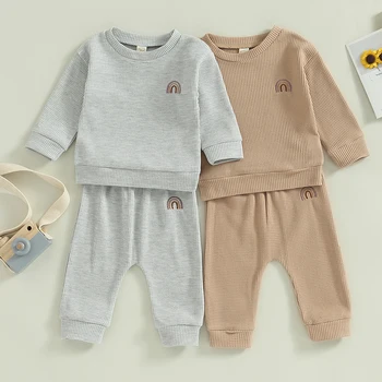 Весенне-осенняя детская одежда с вафельным радужным принтом, пуловер с длинными рукавами и круглым вырезом, толстовки, брюки, комплект для новорожденных