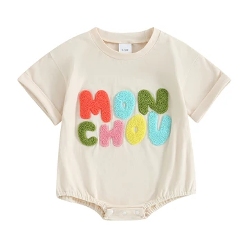 Летний комбинезон с буквенной вышивкой для новорожденных, комбинезон с коротким рукавом для маленьких мальчиков и девочек, милая одежда