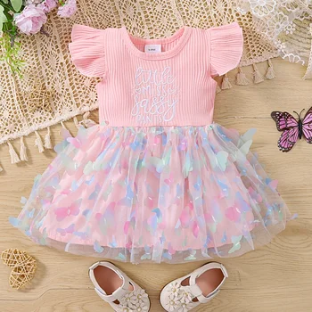 Новое повседневное платье для девочек в евро-американском стиле: милые летние платья из пряжи в розовую полоску в стиле пэчворк с бабочками и сеткой длиной мини на лето