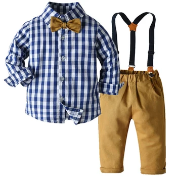 2 предмета, весенняя детская одежда 2023, наряды для маленьких мальчиков, Модная повседневная клетчатая футболка с джентльменским галстуком + брюки, комплект детской одежды BC355