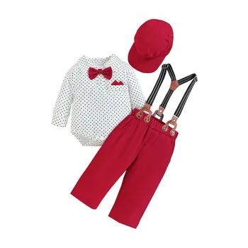 Рождественский наряд для мальчика, комбинезон с галстуком-бабочкой с длинным рукавом и принтом в горошек, штаны и шапочка, детская одежда
