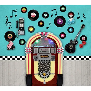 Оформление дискотеки 50-х годов, баннер на фоне музыкального автомата 1950-х годов, американская закусочная, музыка рок-н-ролла, винтажный ресторан 50-х годов для фотосъемки
