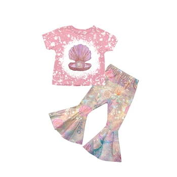 Новая горячая распродажа одежды для девочек, розовые топы с короткими рукавами, брюки-клеш, костюм из молочного шелка с жемчугом и ракушками