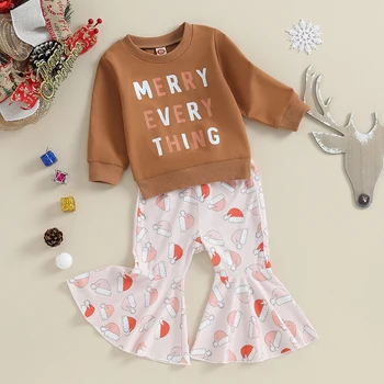 Рождественские наряды для маленьких девочек, толстовка с длинным рукавом и надписью, топы, Расклешенные брюки Санта, Комплект осенне-зимней одежды