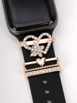 Ремешок с подвесками из белого страза в виде бабочки-сердца, декоративное кольцо для Apple Watch, силиконовый ремешок, декоративные ювелирные аксессуары.