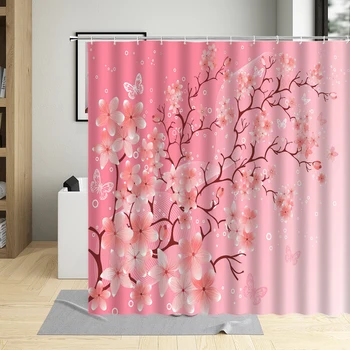 3D Занавески для душа в виде розовой вишни, цветы в китайском стиле, декор ванной комнаты в сливовом стиле, Цветочная занавеска с крючками, водонепроницаемая ткань