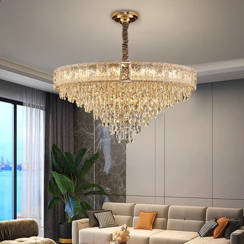 Золотая люстра, Роскошная Современная хрустальная подвесная лампа для виллы, гостиной, домашнего декора, вестибюля, спальни, светодиодной подвески