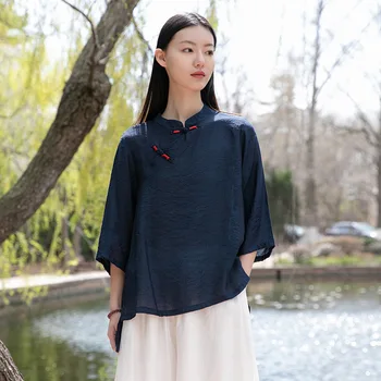 Весенняя женская одежда в этническом стиле, рубашка в китайском стиле, свободное хлопковое белье с принтом, Винтажный повседневный женский топ Hanfu, китайская одежда