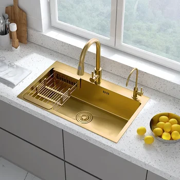 Раковина из нержавеющей стали Nano Gold 304, кухонная стойка, умывальник, большая одинарная раковина для домашней стирки ручной работы