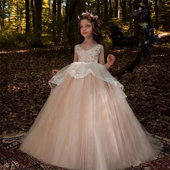 Розовое платье с V-образным вырезом и длинными рукавами, декоративная кружевная аппликация, свадебное платье для девочек в цветочек, детское праздничное платье для Евхаристии